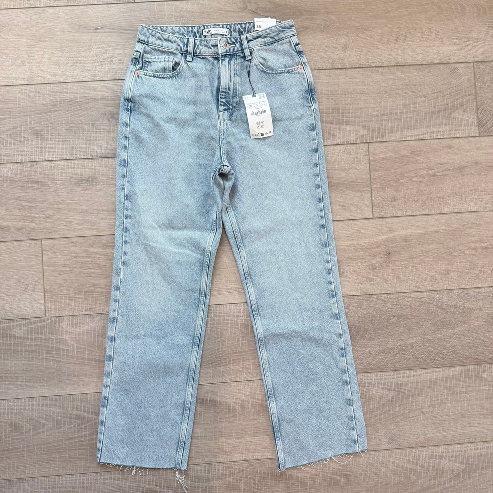 Zara Straight Fit Jeans Womens 6 Light Wash High Rise Rigid Ankle Raw Hem 6164